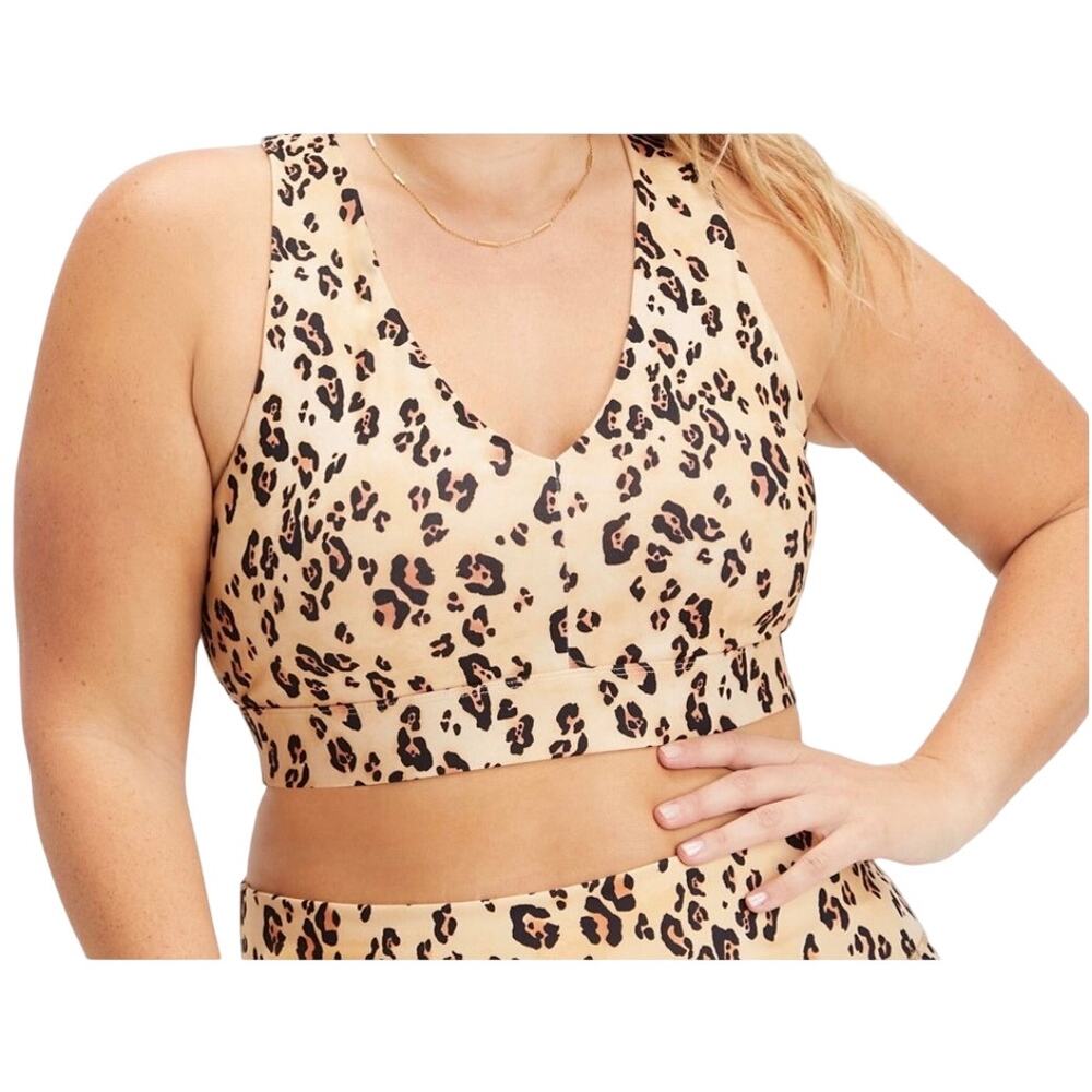 Fabletics On-The-Go Midi Medium Impact Sports Bra, Desert Leopard, Plus Size 2XL